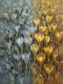 Krokus in mosterd, schilderij van krokus van dichtbij
