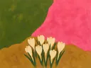 Schilderij van krokus in olijf en roze, in vlakke kleurvlakken