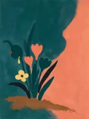 Schilderij van krokus in petrol en koraal, in vlakke kleurvlakken
