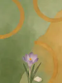 Schilderij van krokus in salie en oker, in vlakke kleurvlakken