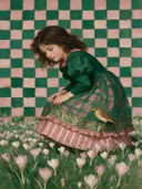 Schilderij van krokus in smaragd en oud roze, in vlakke kleurvlakken