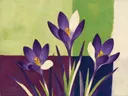 Schilderij van krokus in violet en limoen, in vlakke kleurvlakken