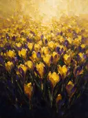 Krokus in zwavelviolet, schilderij van krokus aan de oever