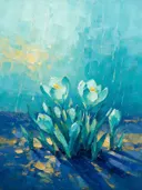 Krokus onder de hemel in turkoois, schilderij van krokus van dichtbij