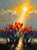 Krokus onder de hemel in vuur, schilderij van krokus van dichtbij