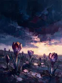 Krokus onder een storm in aubergine, schilderij van krokus