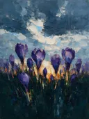 Krokus onder een storm in paarsoranje, schilderij van krokus