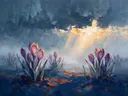 Krokus onder een storm in violet, schilderij van krokus