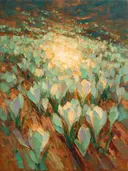 Krokus op de helling in mint, schilderij van krokus onder een storm