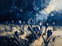 Krokus tegen de lucht in inktblauw, schilderij van krokus van dichtbij