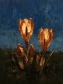 Krokus tegen de lucht in kopergloed, schilderij van krokus tegen de lucht
