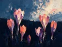 Krokus tegen de lucht in koraal, schilderij van krokus tegen de lucht