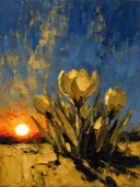 Krokus tegen de lucht in mosterd, schilderij van krokus van dichtbij