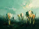 Krokus tegen de lucht in zeegroen, schilderij van krokus tegen de lucht
