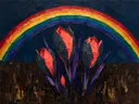 Krokus van dichtbij in antracietkoraal, schilderij van krokus aan de oever