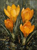 Krokus van dichtbij in saffraan, schilderij van krokus onder de hemel