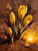 Krokus van dichtbij in zwavelviolet, schilderij van krokus aan de oever