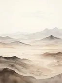 Waterverf landschap van een kronkelend pad door een zandkleurige vallei.
