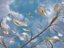Schilderij van kronkelende glazen bloemen met bellen tegen een blauwe lucht