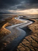 Schilderij van een kronkelende rivier door wadden bij zonsondergang