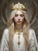 Vintage portret van een vrouw met gouden kroon en witte jurk