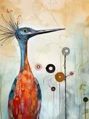 Kraanvogel met een blauwe kop, een uitwaaierende zwarte verenkroon met rode besjes, een lange snavel en een oranjerode borst