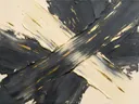 Paletmes abstract schilderij, kruisende veeg in grafiet en goud
