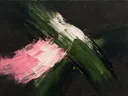 Paletmes abstract schilderij, kruisende veeg in kersenbloesem