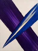 Paletmes abstract schilderij, kruisende veeg in kobalt en violet