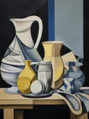 Kubistisch stilleven met witte kan, gele vazen en blauw-wit aardewerk op tafel.