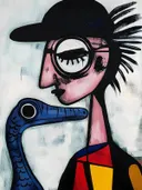 Kubistisch schilderij van een portret met een blauwe vogel