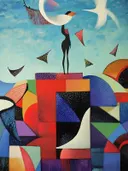 Kubistisch schilderij met figuur en vogel
