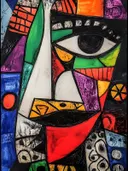 Kleurrijk kubistisch collage-schilderij van een gezicht