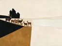 Schilderij van kudde herten in zwart en gebroken wit, in vlakke kleurvlakken