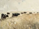 Schilderij van zwarte koeien die grazen in een korenveld.