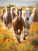 Kudde paarden door veld met wilde bloemen