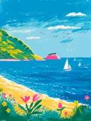 Kustlandschap schilderij met zeilboten en bloeiend strand