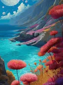 Schilderij van vuurkleurige pluisbloemen aan de kust onder meerdere manen