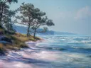 Schilderij van een kustlijn met dennen en turquoise golven