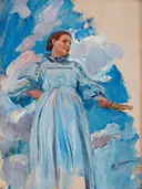 Kvinnofigur och himmel van Carl Larsson: figuren met vrouw, blauwe jurk, wolken en lucht, in helder blauw met wit