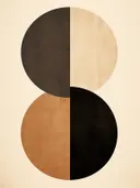 Abstract geometrisch schilderij met gestapelde cirkels in bruin, zwart en beige.