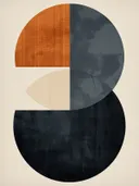 Abstract geometrisch schilderij met cirkelkwadranten in oranje, grijs, zwart en crème.