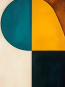 Minimalistisch abstract schilderij met kwadranten in teal en mosterd