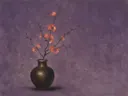 Schilderij van kweeperenbloesem in een diep bronzen vaas met een fijne goudrand, oosterse stijl in amethist