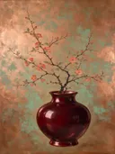 Schilderij van kweeperenbloesem in een glanzende oxblood-rode lakvaas, oosterse stijl in koper en turkoois