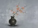 Schilderij van kweeperenbloesem in een diep bronzen vaas met een fijne goudrand, oosterse stijl in lei en lavendel