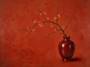 Schilderij van kweeperenbloesem in een glanzende oxblood-rode lakvaas, oosterse stijl in vermiljoenrood
