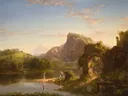 L'Allegro van Thomas Cole: landschap met bergen, ruine, figuren en rivier, in zacht goudgroen