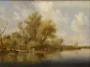 L'Arrivée du bac van Salomon van Ruysdael: landschap met rivier, bomen, oever en wolken, in zachtgroen en wolkenwit