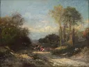 L'Automne van Jules Dupré: landschap met herfst, bomen, zandweg en koeien, in gedempt bruin en grijs